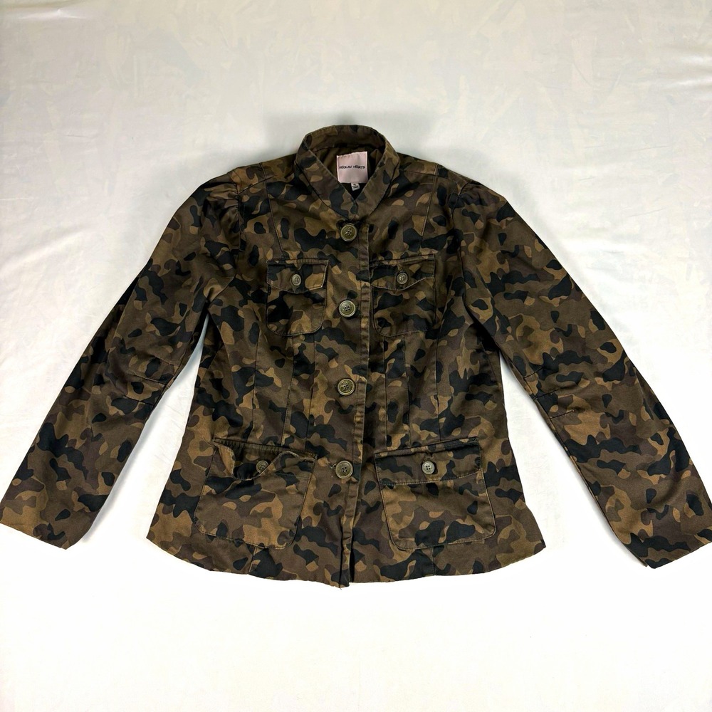 Sequin Hearts Camo Military Jacket Juniors XL Brown Green Puff Button Utility